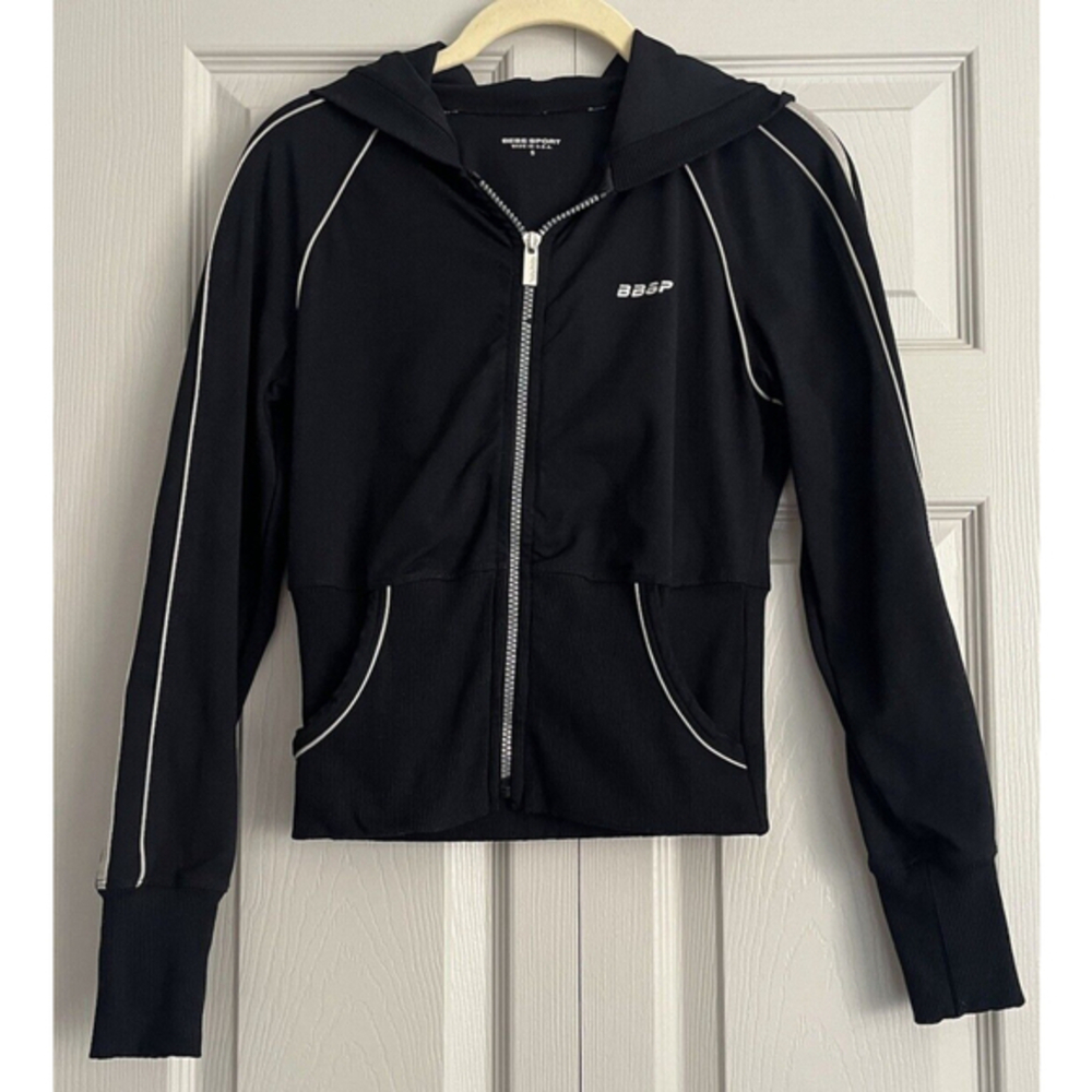 Vintage Y2K Bebe Sport Black Striped Sleeve Zip Hoodie Jacket Ribbed‎ Waist Sz S